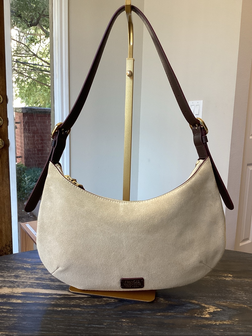 Frances Valentine Sand Suede with Brown Leather Strap Shoulder Bag